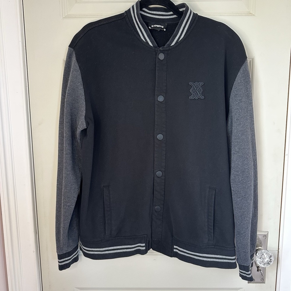 Express Black Gray Fleece Varsity Jacket Snap Buttons Men Large Embroidered Logo